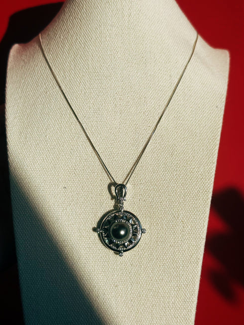 Tahitian Pearl Sun Compass Pendant Necklace – Sterling Silver